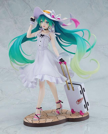 Racing Miku 2021 Private Ver. figure in a white dress and wide-brimmed hat, with turquoise twin-tails and a rolling suitcase on a stone-style base.