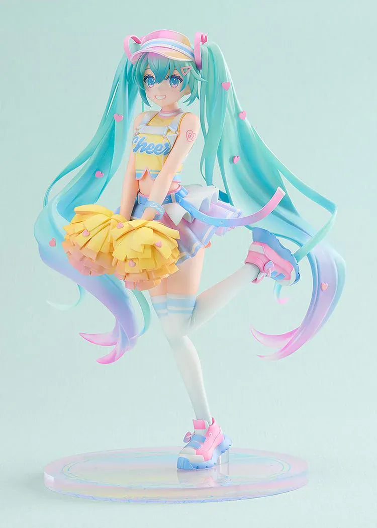 Hatsune Miku Cheerleading Ver. 1/7 scale figure holding yellow pom-poms, with turquoise twin-tails, a pastel outfit, and one leg lifted.