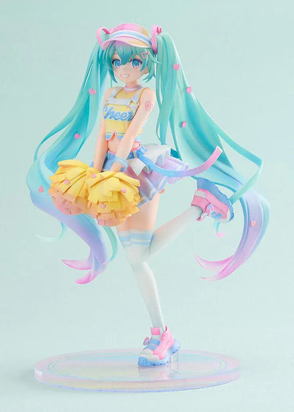 Hatsune Miku Cheerleading Ver. 1/7 scale figure holding yellow pom-poms, with turquoise twin-tails, a pastel outfit, and one leg lifted.