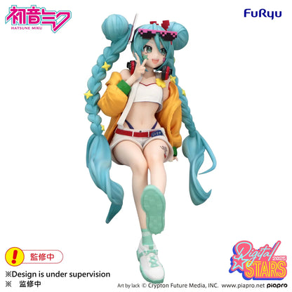 Hatsune Miku Digital Stars 2025 Noodle Stopper Figure by FuRyu featuring Miku with braided turquoise twin-tails, yellow jacket, headphones, shorts, and pixel sunglasses