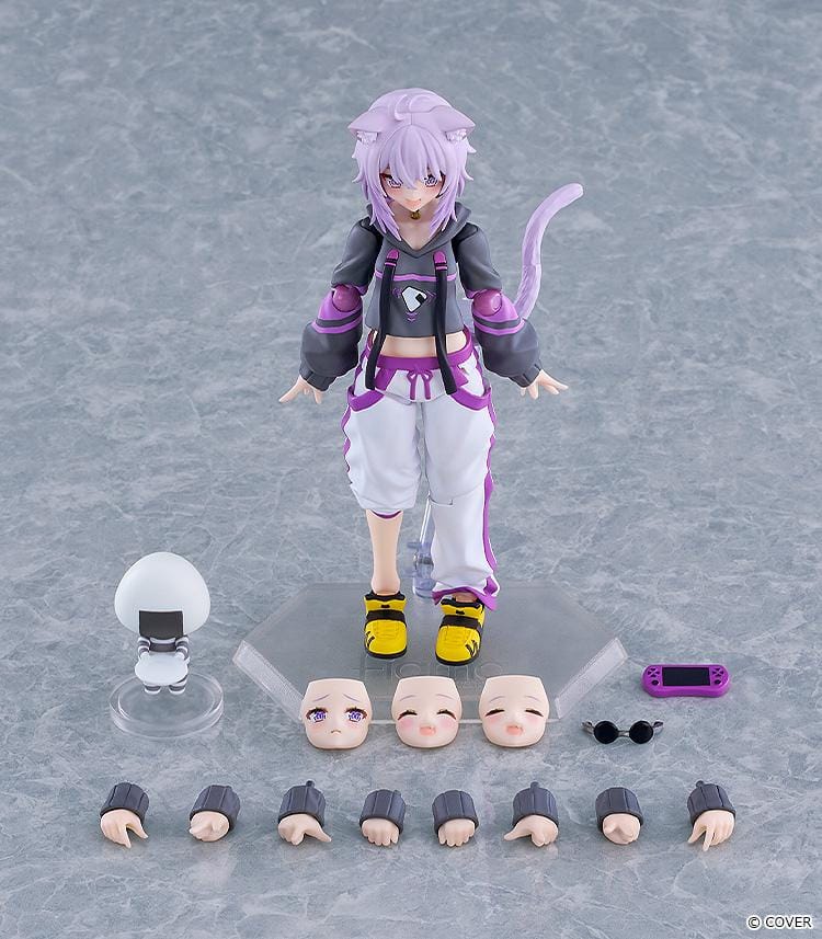 hololive production figma Nekomata Okayu Figure with lavender hair, cat ears and tail wearing her signature black purple and white outfit