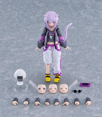 hololive production figma Nekomata Okayu Figure with lavender hair, cat ears and tail wearing her signature black purple and white outfit