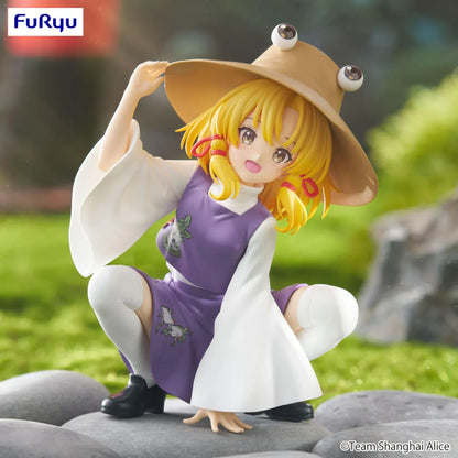 Noodle stopper figure of Touhou Project’s Suwako Moriya crouching playfully in a purple dress with frog-eye hat, designed to sit on the edge of a cup or shelf.