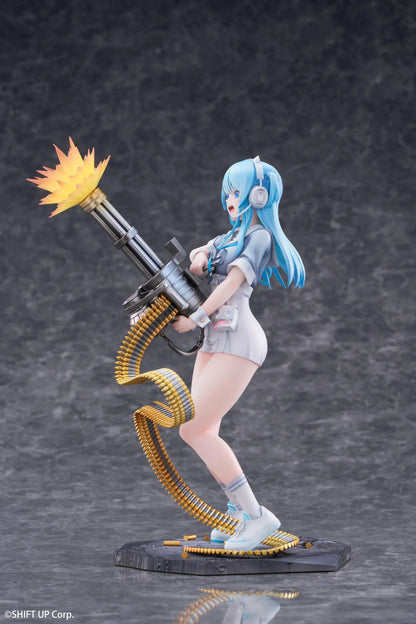 Goddess of Victory Nikke Shifty Illustration Panic Sight Deluxe Ver. 1/7 Scale Figure featuring Shifty with blue hair, tactical outfit, oversized weapon, firing effect, and ammo belt display details.