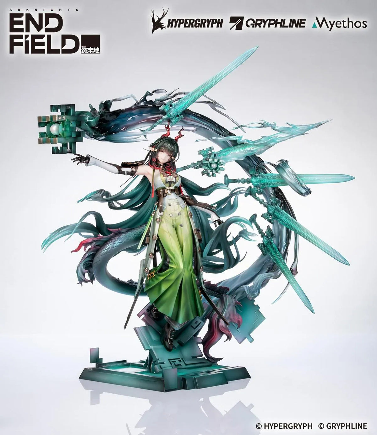 Arknights Endfield Zhuang Fangyi 1/7 scale figure with teal hair and a green outfit, surrounded by a curling dragon and translucent turquoise blades.