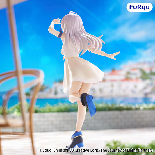 Elaina Muchute White Version figure from Wandering Witch The Journey of Elaina in white dress with scenic background