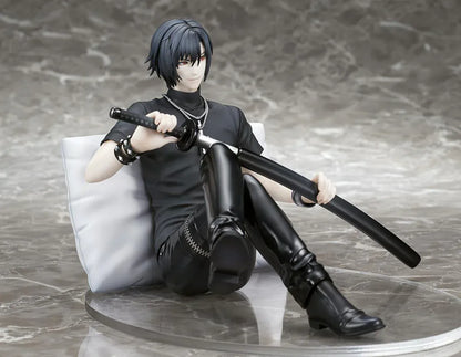 Shiki 1/7 scale figure from Togainu no Chi sitting with sword wearing black outfit on cushion base