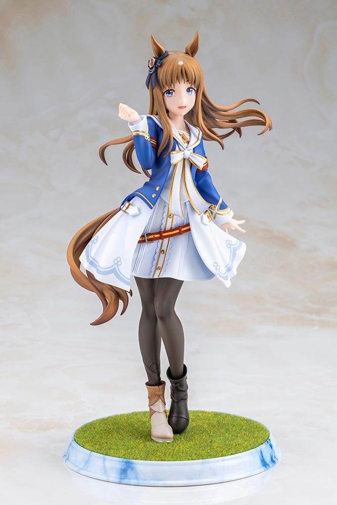 UmaMusume Pretty Derby Grass Wonder 1/7 Scale Figure with brown hair, horse ears, blue-and-white outfit, and grass display base