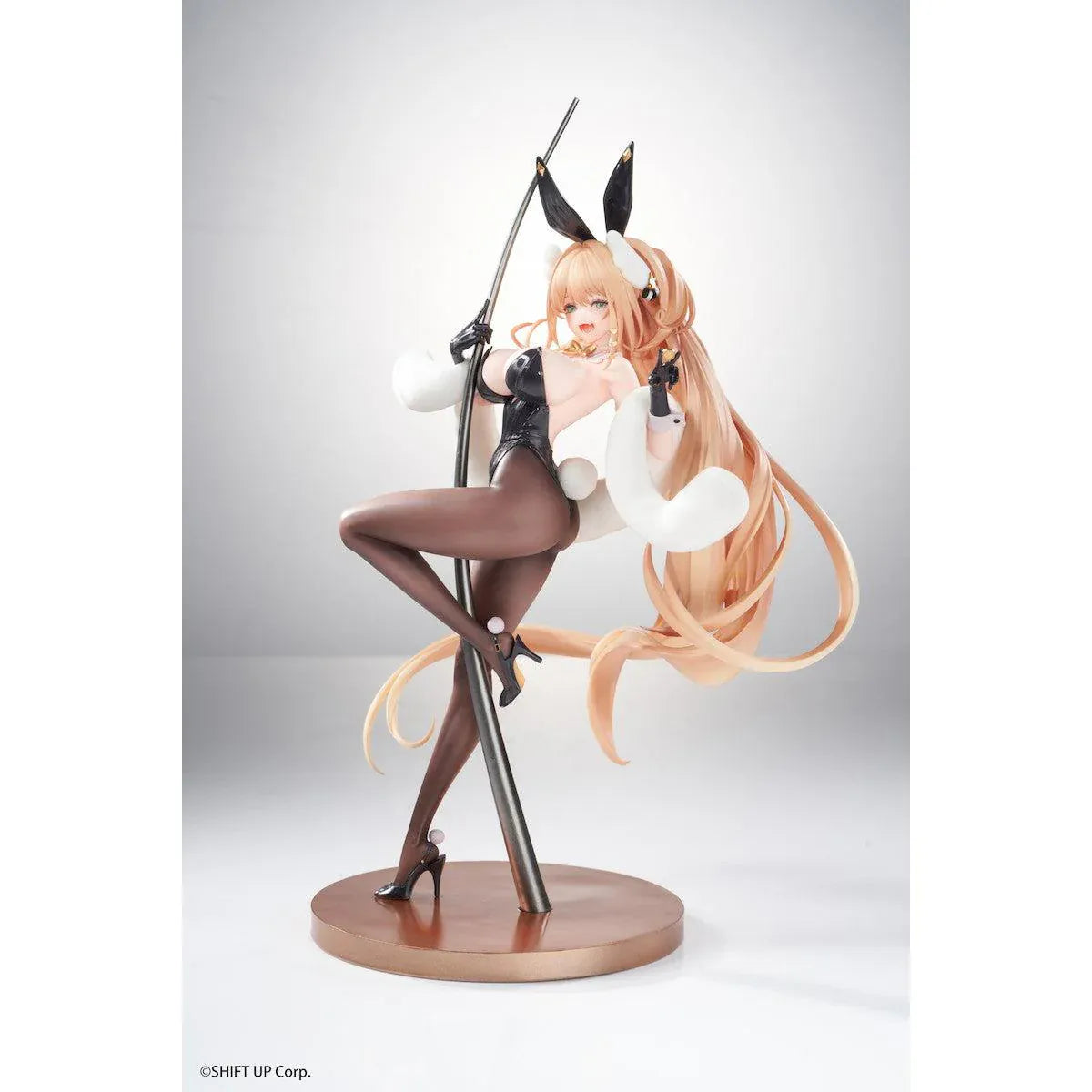 Goddess of Victory Nikke Rupee Lupin Rabbit Deluxe Ver. 1/10 Scale Figure with blonde hair, black bunny ears, rabbit outfit, posing pole, and display base
