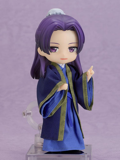 The Apothecary Diaries Nendoroid Doll Jinshi wearing traditional blue and purple fabric robes