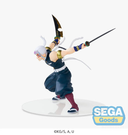 Demon Slayer FIGURIZMα Tengen Uzui figure in a wide stance with twin chained blades extended, a jeweled headband, and gold arm bands on a white base.