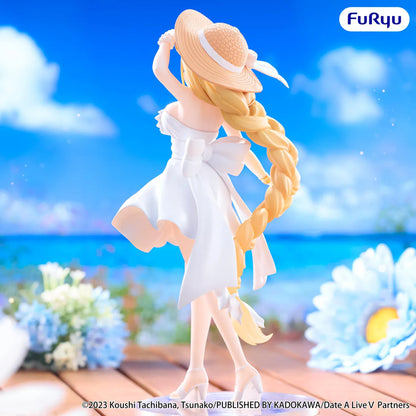 Date A Live V Mukuro Hoshimiya Summer Dress figure wearing a flowing white dress, wide-brimmed sun hat, and sandals with long golden-blonde hair