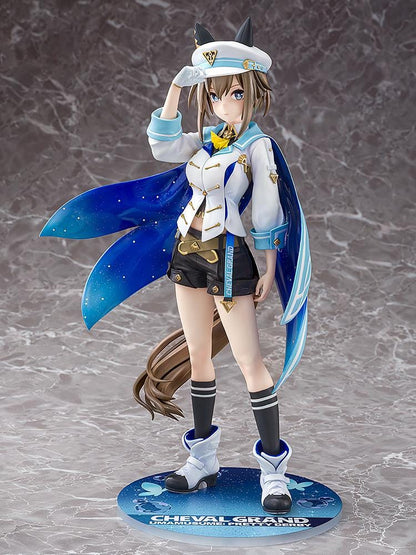 Umamusume Pretty Derby Cheval Grand 1/7 Scale Figure Rerelease featuring Cheval Grand with horse ears, blue-and-white race outfit, starry blue cape, cap, and sporty boots.