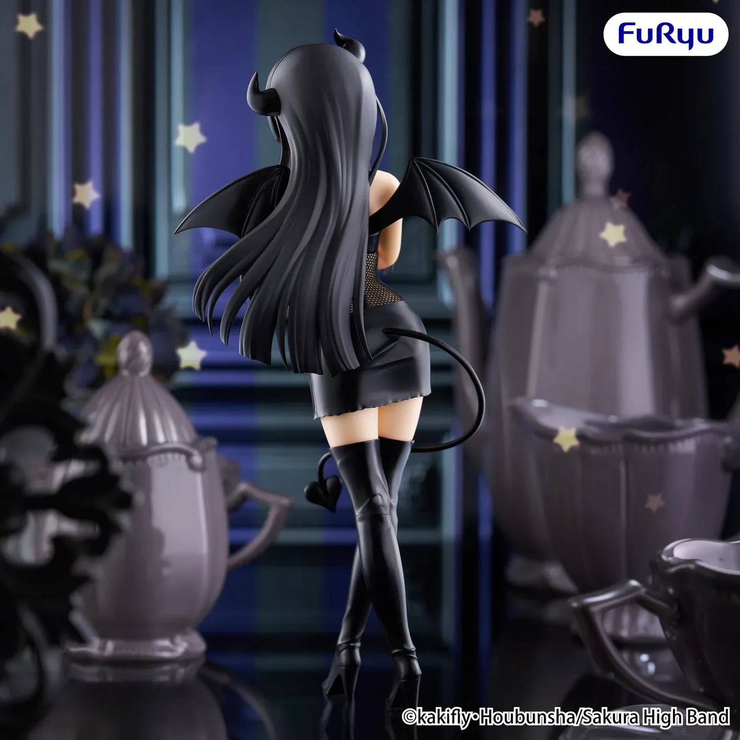 K-On! BiCute Dark Mio Akiyama figure featuring long black hair, devil horns, bat wings, black outfit, and heart-tipped tail