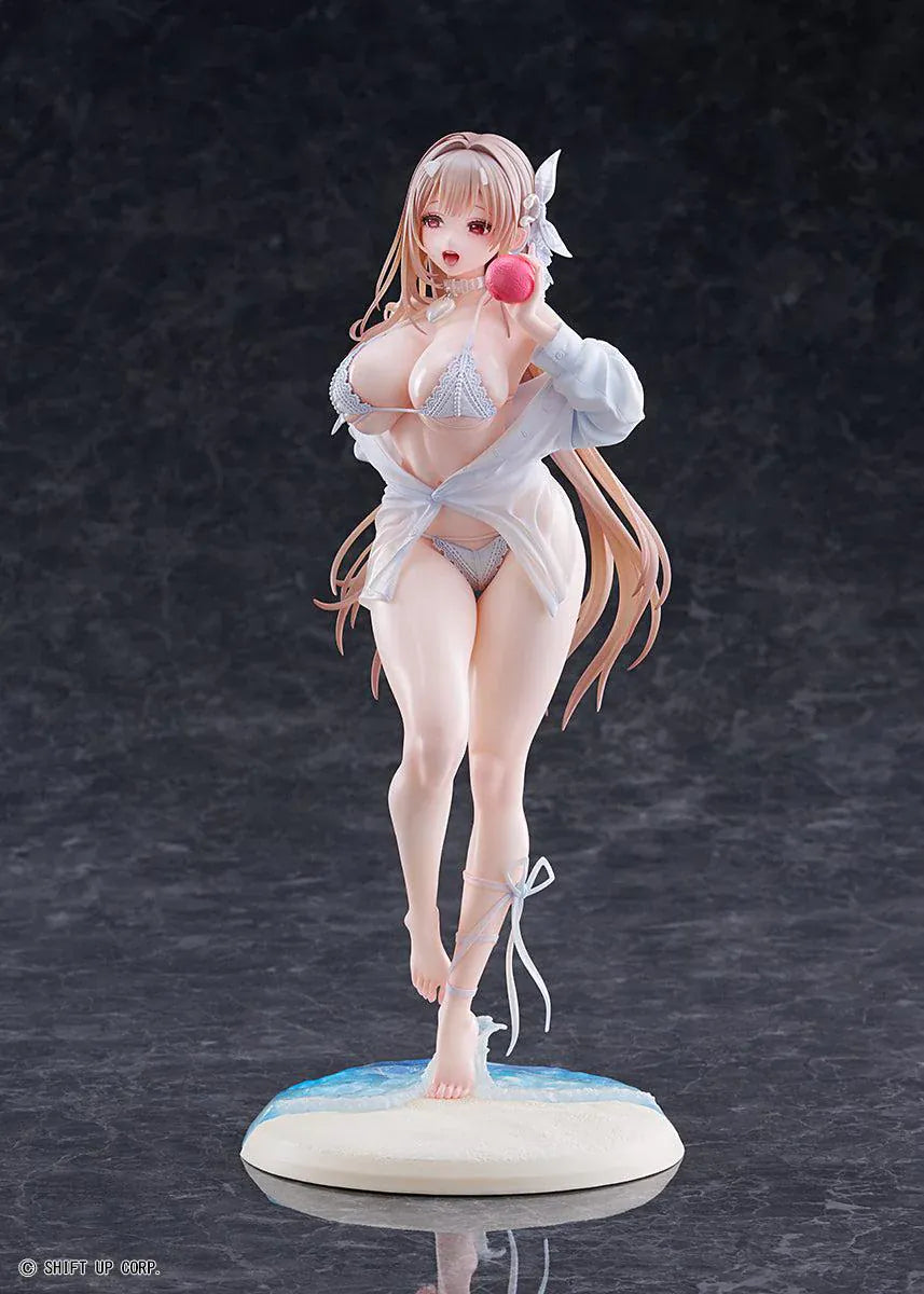 GODDESS OF VICTORY NIKKE Viper Shine of Love 1/7 Scale Figure with long hair, white beachwear-inspired outfit, apple accessory, and beach display base
