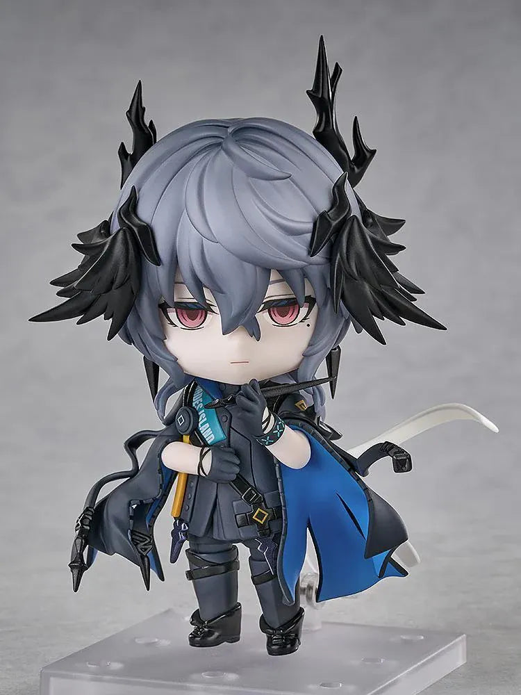 Arknights Logos Nendoroid figure with gray hair, pink eyes, black horn and feather-like details, and a dark coat with blue lining.