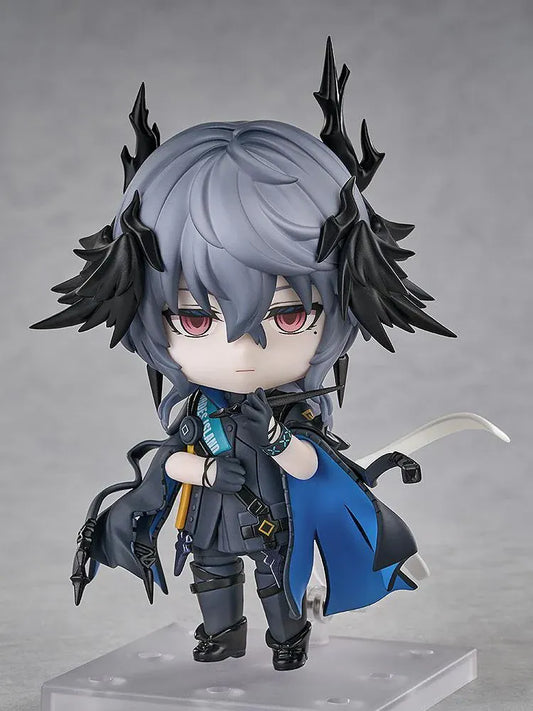 Arknights Logos Nendoroid figure with gray hair, pink eyes, black horn and feather-like details, and a dark coat with blue lining.