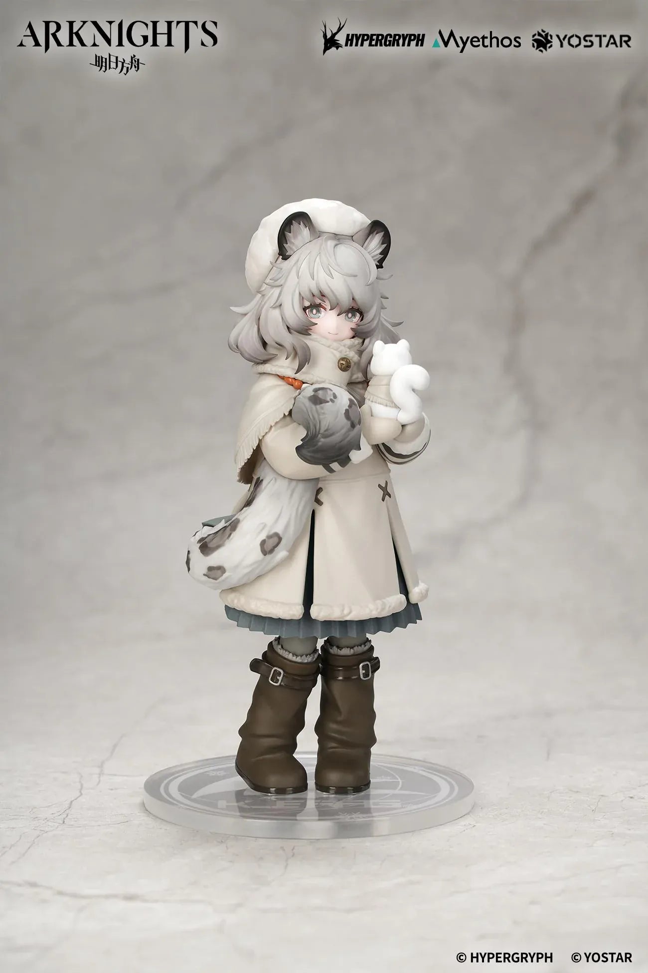 Arknights Rhodes Kids Series Pramanix Non Scale Figure with white hair, animal ears, winter coat, fluffy cape, boots, and bear accessory