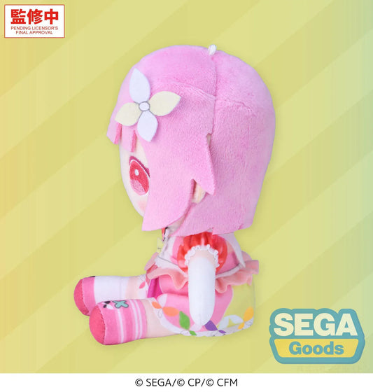 Hatsune Miku Colorful Stage MySEKAI Emu Otori Plush with pink hair, flower accessory, cheerful embroidered expression, and colorful stage outfit
