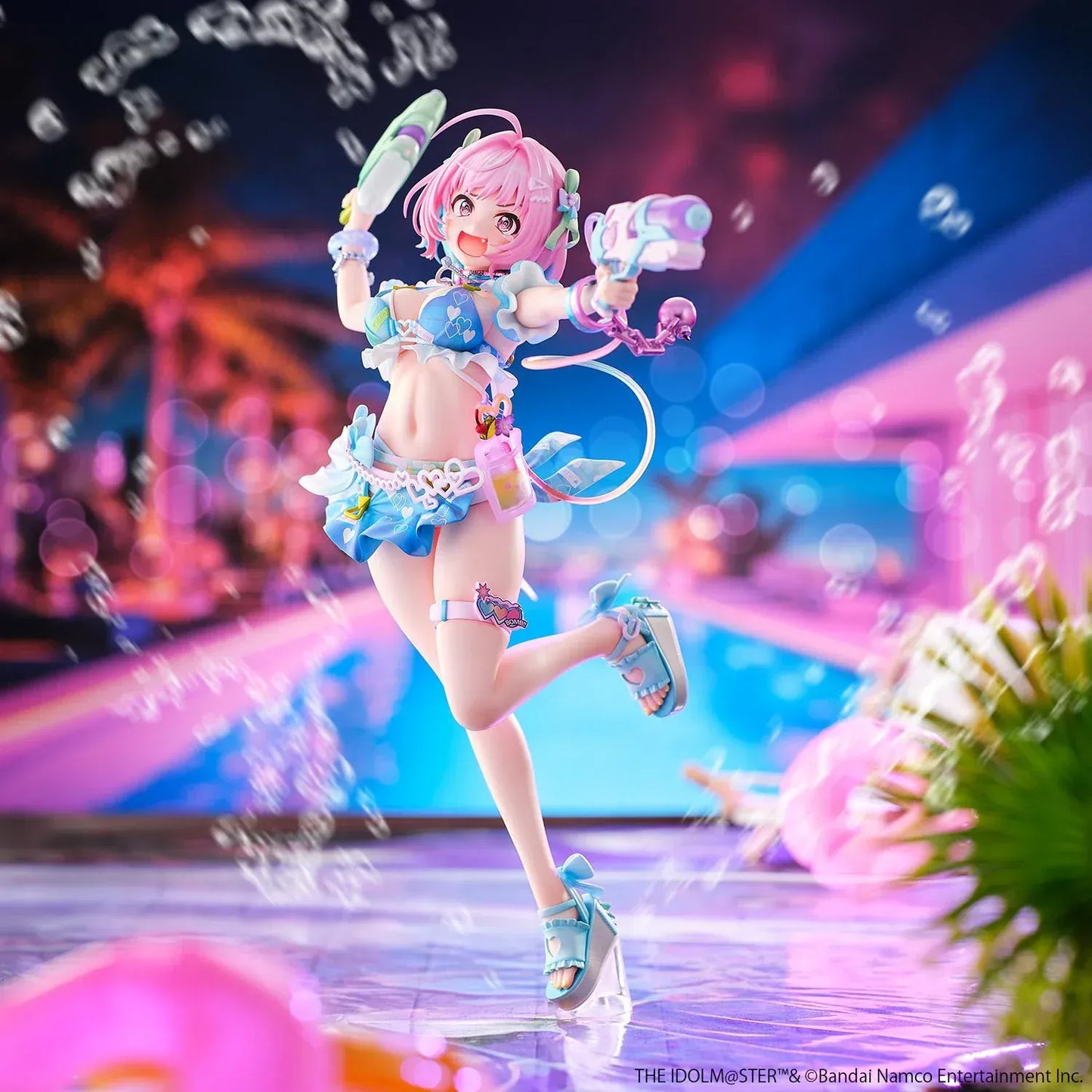 Riamu Yumemi 1/6 scale figure from The Idolmaster Cinderella Girls in pastel blue idol outfit holding water gun accessory on clear display base