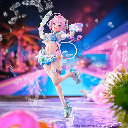 Riamu Yumemi 1/6 scale figure from The Idolmaster Cinderella Girls in pastel blue idol outfit holding water gun accessory on clear display base