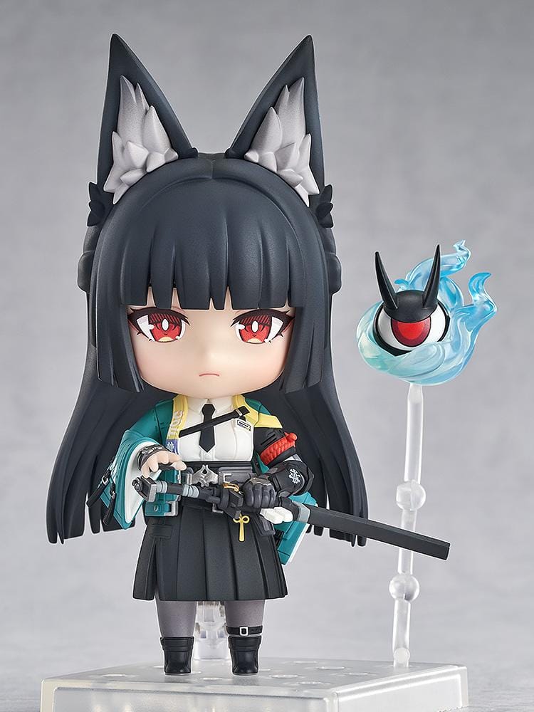 Nendoroid Miyabi Hoshimi with fox ears, black hair, katana, and blue spirit effect part.
