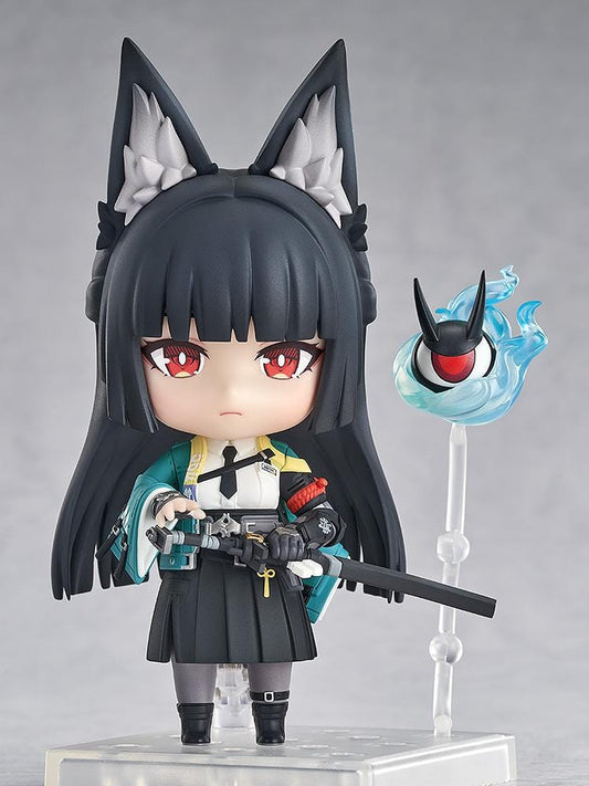 Nendoroid Miyabi Hoshimi with fox ears, black hair, katana, and blue spirit effect part.