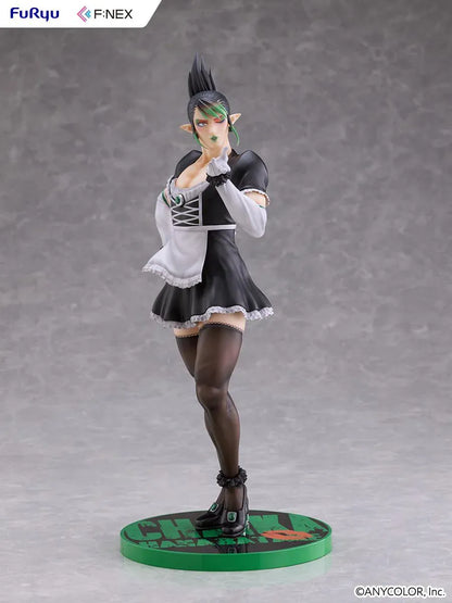 Hanabatake Chaika 1/7 Scale Figure by FuRyu F featuring a VTuber with tall black hair, green highlights, pointed ears, and a black and white maid outfit with white gloves, dark stockings, and black heels on a green circular display base.