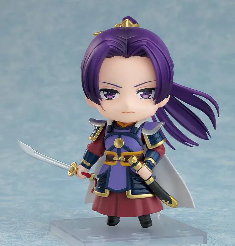 The Apothecary Diaries Nendoroid Jinshi Armor Ver. Figure featuring Jinshi with purple hair, detailed armor, gold accents, cape, and sword accessory.