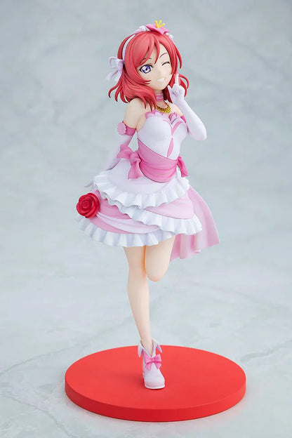 Love Live School Idol Project Maki Nishikino Bokutachi wa Hitotsu no Hikari Ver. Figure featuring Maki in a pink and white idol outfit with rose detail, white gloves, and red display base.