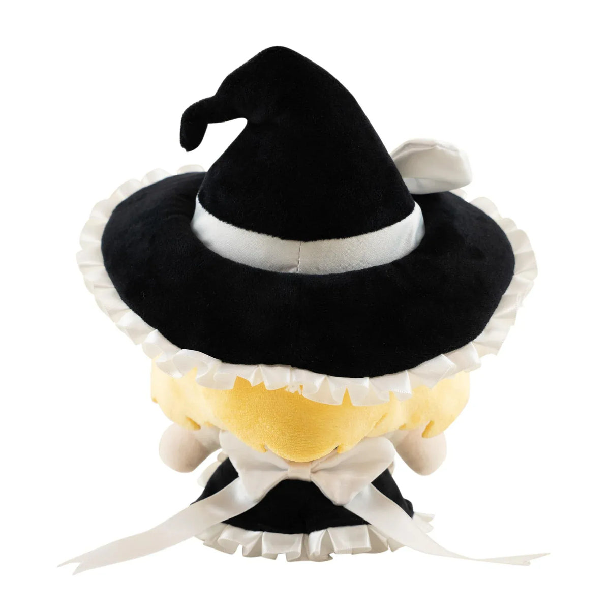 Touhou Project Chai Chara Project Kirisame Marisa Plushie featuring blonde hair, embroidered golden eyes, a black and white witch outfit, oversized witch hat with white bow, and a cute seated chibi design.