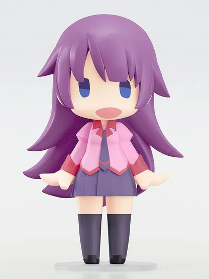 Monogatari Series HELLO! GOOD SMILE Hitagi Senjyogahara Figure featuring a purple-haired anime girl with blue eyes, a pink school uniform, dark necktie, pleated skirt, and knee-high socks in a cute chibi design.