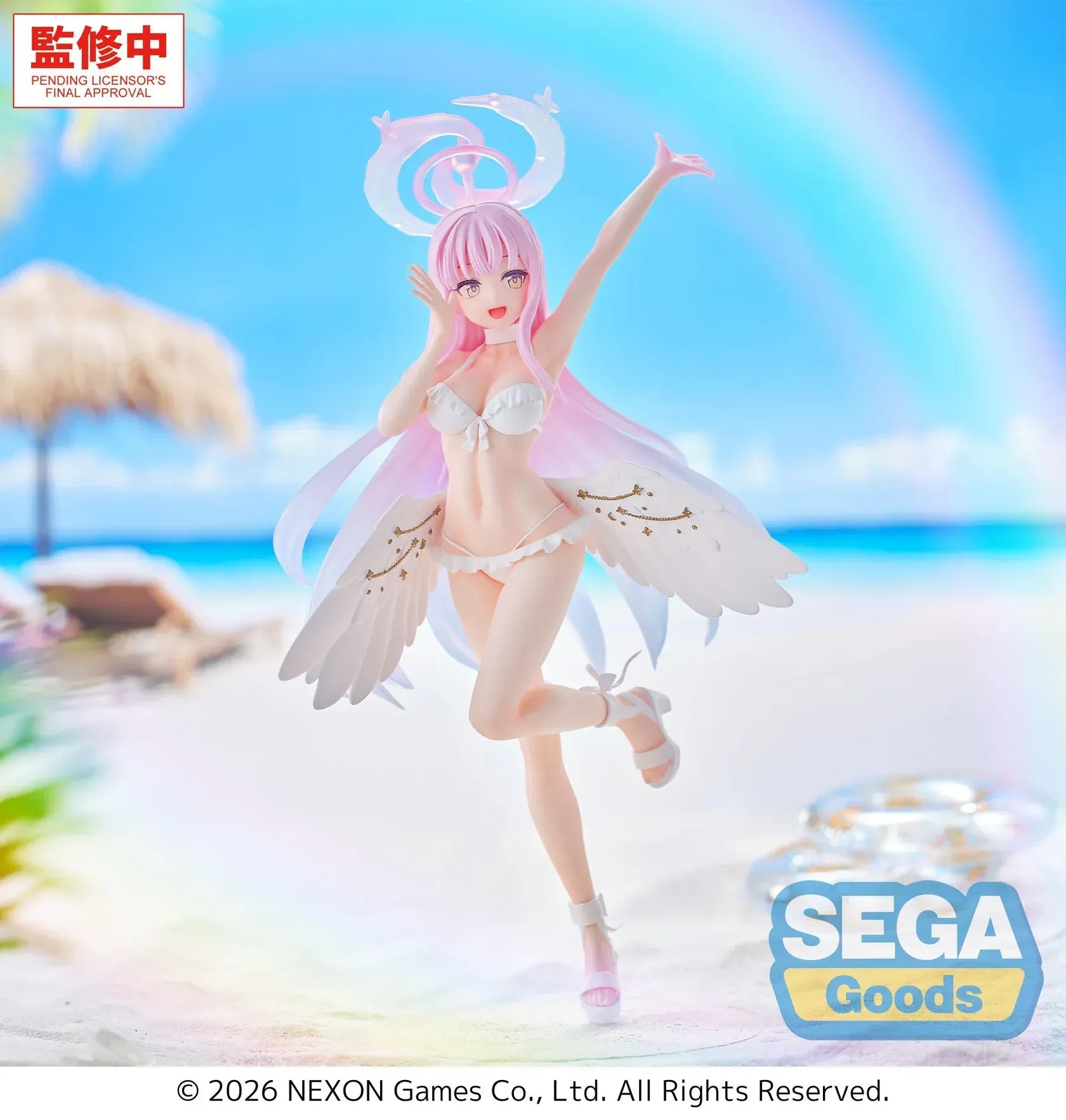 Mika swimsuit figure from Blue Archive with wings halo and pink hair standing on base