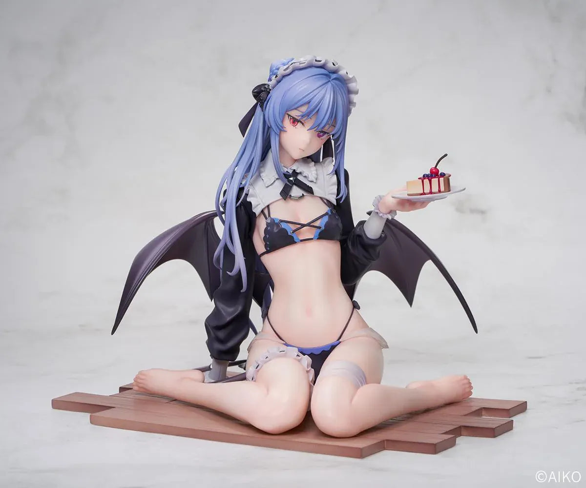 NIYA Maid Ver. figure illustrated by AIKO, with blue hair, a frilled headband, dark wings, and a dessert plate, seated on a wood-patterned base.