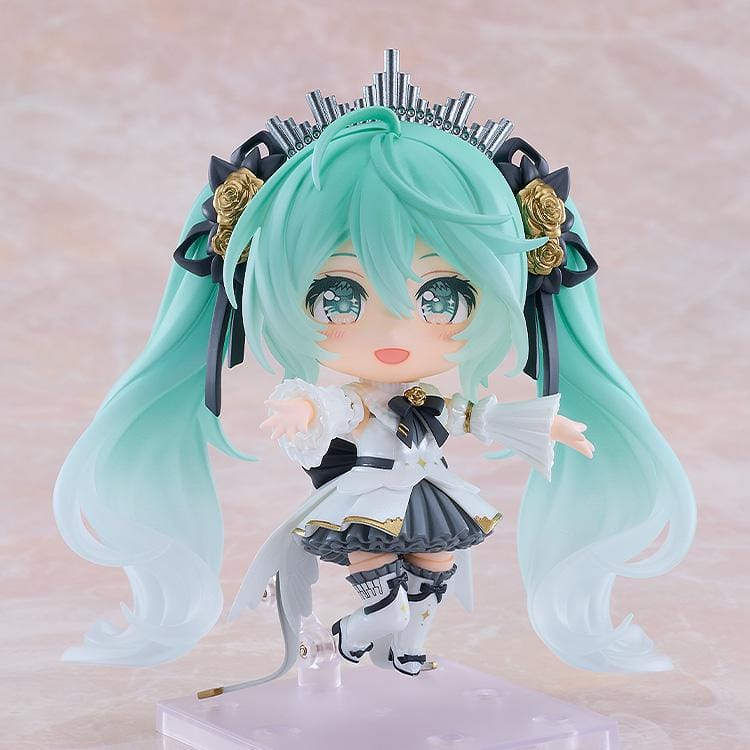 Hatsune Miku Nendoroid Hatsune Miku Symphony 10th Anniversary Ver. Figure featuring Miku with teal twin tails, white and black concert outfit, gold rose accents, and symphony-inspired details.