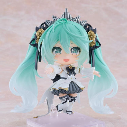 Hatsune Miku Nendoroid Hatsune Miku Symphony 10th Anniversary Ver. Figure featuring Miku with teal twin tails, white and black concert outfit, gold rose accents, and symphony-inspired details.