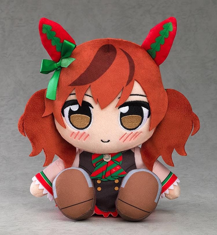 Umamusume Pretty Derby Kuripan Plushie Nice Nature (Rerelease) featuring reddish-brown twin-tails, brown embroidered eyes, red horse ears with green decorations, a green hair ribbon, and a black outfit with red and green accents.