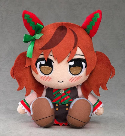 Umamusume Pretty Derby Kuripan Plushie Nice Nature (Rerelease) featuring reddish-brown twin-tails, brown embroidered eyes, red horse ears with green decorations, a green hair ribbon, and a black outfit with red and green accents.