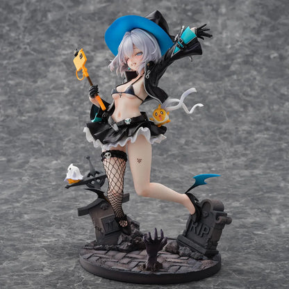 Azur Lane Jade 1/6 scale figure with silver hair, a blue witch hat, and a black ruffled outfit posed above a detailed graveyard base.