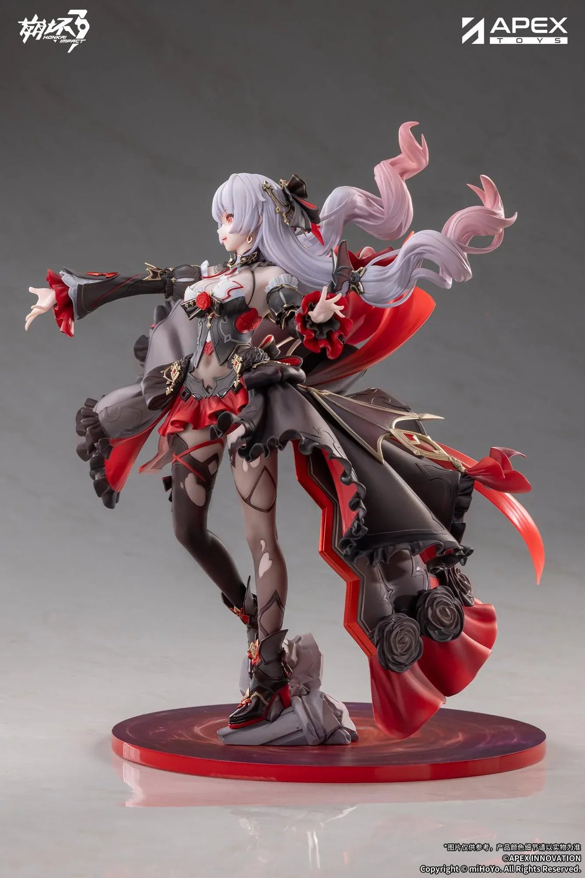 Honkai Impact 3rd Lunar Vow Crimson Love 1/7 scale figure with pale lavender hair, a black-and-red outfit, a small bat, and broken stonework.