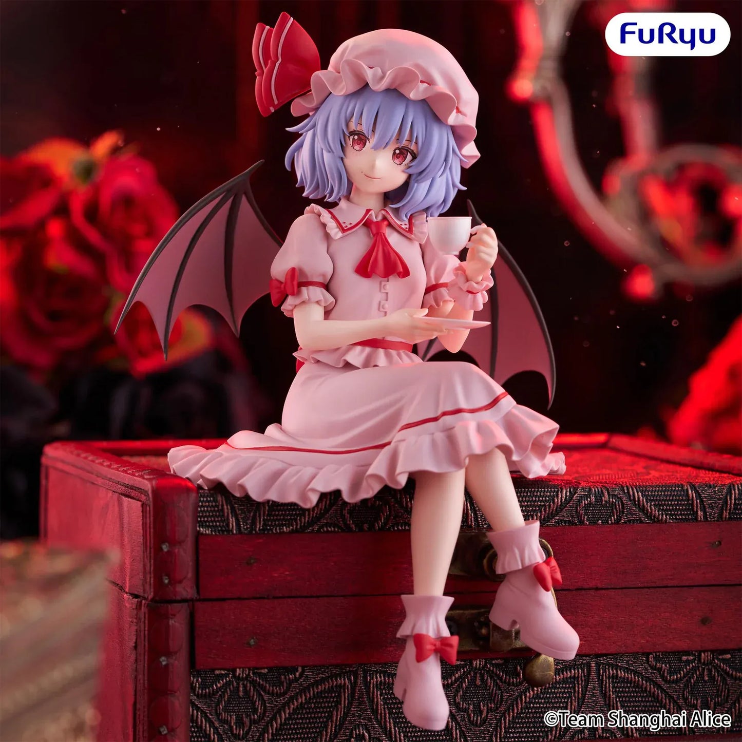 Touhou Project Remilia Scarlet Noodle Stopper figure seated with a teacup, pink dress, and bat wings