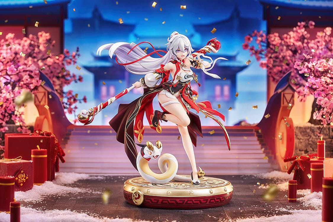 Kiana Ba-Dum Fiery Wishing Star 1/7 scale figure from Honkai Impact 3rd with red outfit, staff weapon, and themed display base
