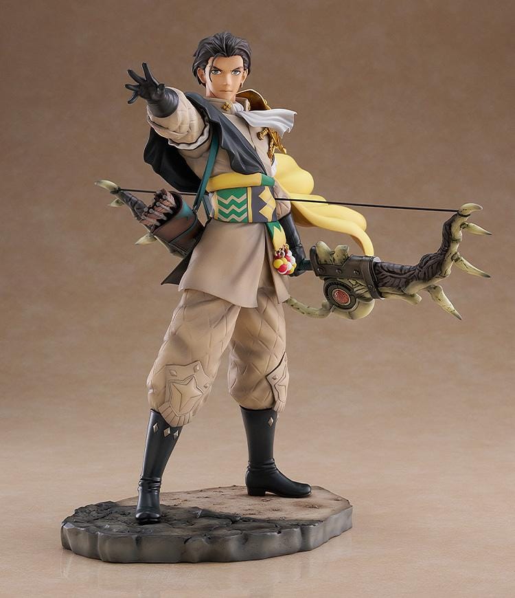 Fire Emblem Claude 1/7 Scale Figure with bow weapon, fantasy outfit, cape, extended hand pose, and rocky display base
