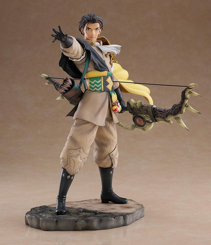 Fire Emblem Claude 1/7 Scale Figure with bow weapon, fantasy outfit, cape, extended hand pose, and rocky display base