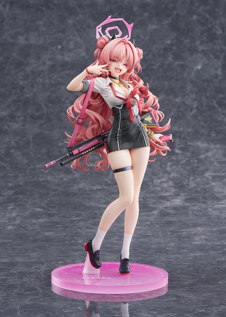 Blue Archive Kirara 1/7 scale figure with long pink hair, school uniform, pink and black weapon, halo, and translucent pink display base