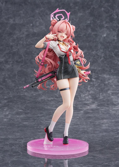 Blue Archive Kirara 1/7 scale figure with long pink hair, school uniform, pink and black weapon, halo, and translucent pink display base