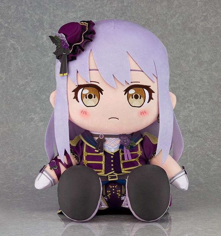 BanG Dream! Yukina Minato plush with lavender hair, golden eyes, a purple and gold stage outfit, and a rose-adorned hat in a seated pose.