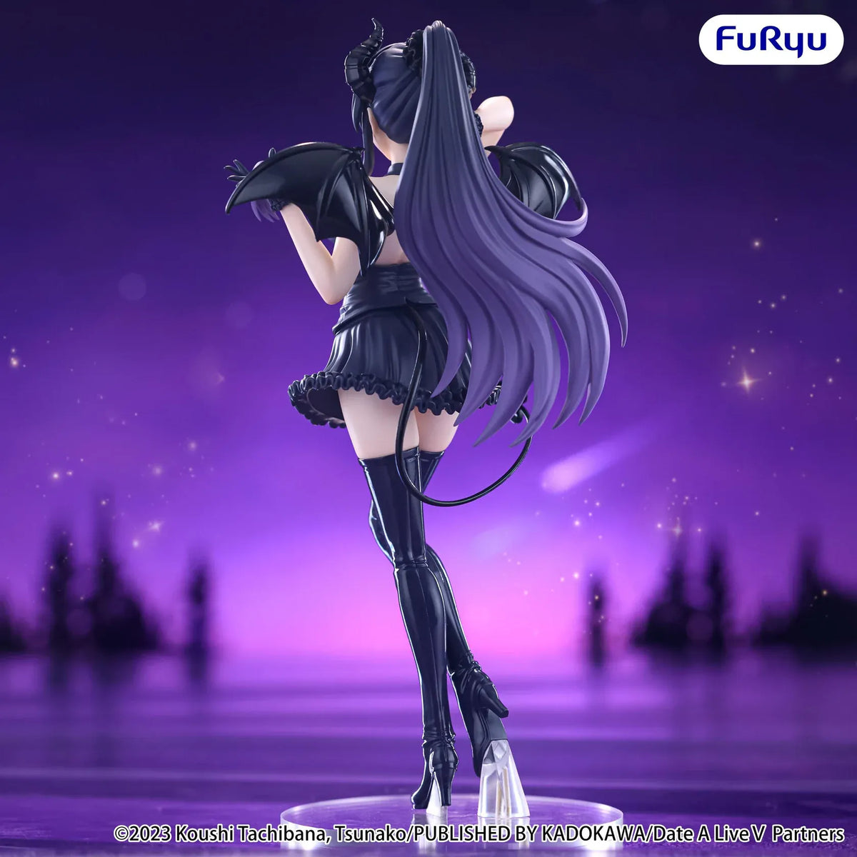 Date A Live V BiCute Dark Tohka Yatogami figure with purple hair, curved horns, black wings, a ruffled outfit, and tall boots.