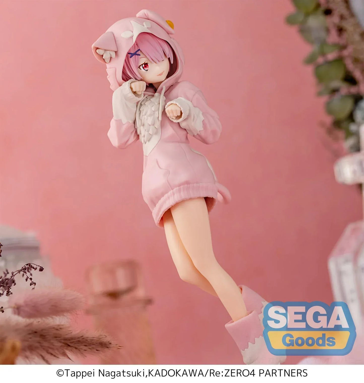 XStellar Re:Zero Ram Mofumofu Pack figure in pink cat-hoodie outfit standing on pink base