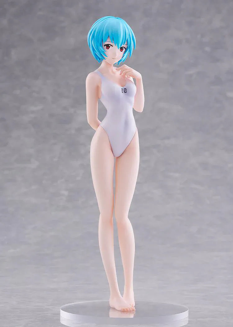 Rebuild of Evangelion POP UP PARADE BEACH QUEENS Rei Ayanami One-Piece Style L Size Figure featuring Rei with short blue hair, red eyes, and a white one-piece swimsuit.